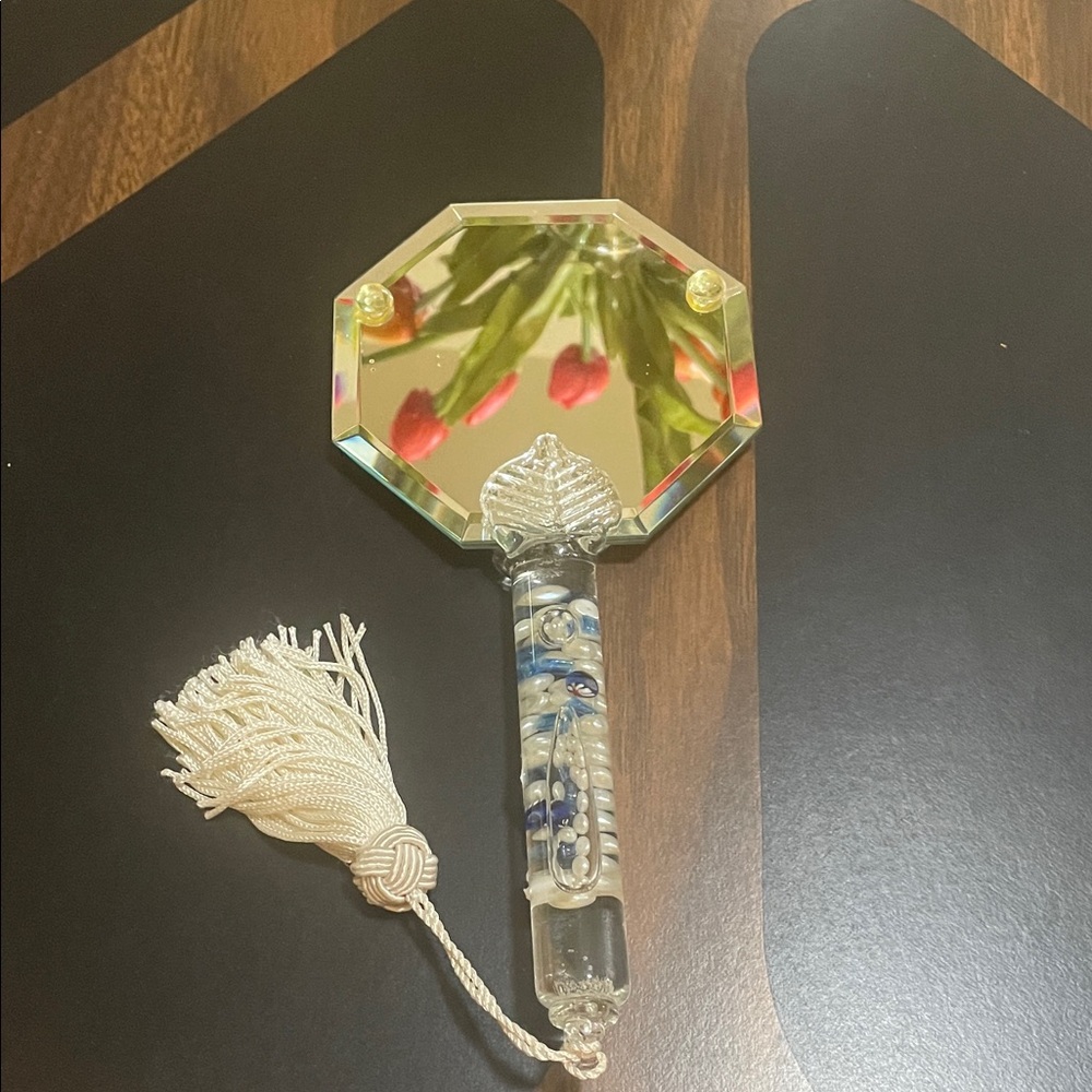 Octagonal Decorative Hand Mirror with Floating Beaded Glass Handle and Tassel